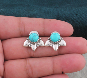Pendientes de Plata 925 con Turquesa del Suroeste, Engaste de Bisel, Hechos a Mano, Piedra Azul, Hoja Floral, Estilo Vintage Nativo, para Compromiso - Product Image 2