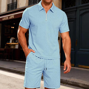Conjunto de Camiseta Polo y Pantalones Cortos Azul Claro para Hombre, Ropa Casual de Verano, Transpirable, de Poliéster Tejido - Product Image 6