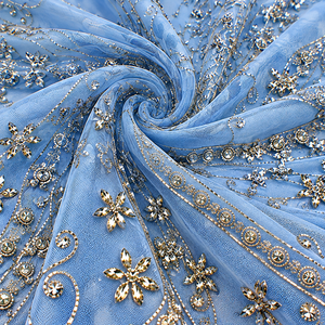 Tela de Tul Bordada Azul Brillante con Cuentas de Cristal en Espiral, Tela de Encaje Completa para Vestidos de Noche y Eventos - Product Image 1