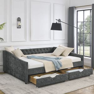 Divano letto matrimoniale trapuntato grigio con cassetti, schienale con bottoni, braccioli ondulati con borchie color rame, stile divano letto, 84,5 pollici - Product Image 2