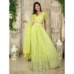Fantástico Lehenga Choli de Georgette con Lentejuelas Verde Lima, Semi-Confeccionado, para Compromiso, de Zeel Clothing - Product Image 5