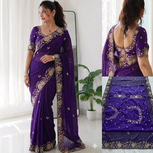 Sari de Seda Morado con Bordado Floral Dorado de NiMa Creations, para Mujer, Tradicional, para Bodas y Fiestas, Largo hasta el Suelo, Estilo Indio - Product Image 4