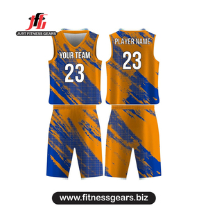 Ensemble de maillots de basket-ball personnalisés, sublimés, col en V, sans manches, évacuant l'humidité, uniforme unisexe pour adultes, orange et bleu - Product Image 1
