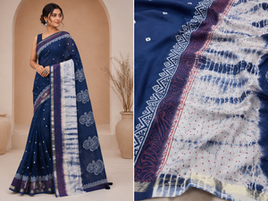 Sari de Algodón Azul Índigo, Sari Tradicional Indio con Estampado Bandhani, Prenda Étnica para Mujer, Sari Shibori Tie Dye con Borlas - Product Image 4