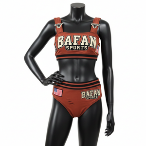 Conjunto de Bikini para Mujer de Alta Calidad en Nylon y Spandex GSM, Color Marrón Óxido con Rayas Negras, Panel con Parche de Chenilla y Logotipo Personalizado - Product Image 1