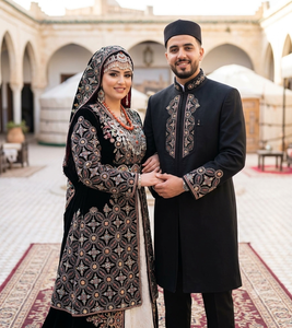 Tissu en velours noir tricoté, brodé, à motif géométrique mandala et sequins, pour veste ethnique, lehenga ou abaya pour femme - Product Image 2