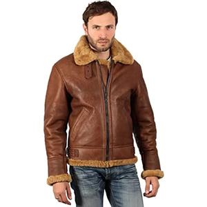 Blouson aviateur en cuir véritable pour homme avec col et poignets en fourrure de mouton, coupe-vent, style moto hiver - Product Image 1