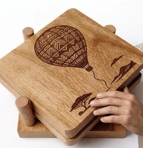 Wooden Square <b>Coaster</b> Set With Hot Air Balloon Design Bohemian Handmade Mats & Pads - Product Image 1