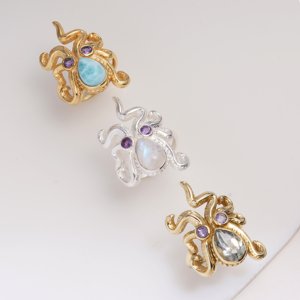 Electroplated Brass Octopus <b>Ring</b> Multi Gemstone <b>Statement</b> <b>Ring</b> Ocean Inspired Handmade Designer Women Jewelry - Product Image 5