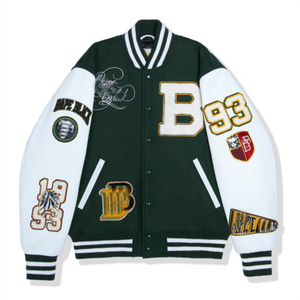 Veste universitaire pour homme, verte et blanche, avec broderie de la lettre B, style preppy, col rabattu, coupe classique, vêtement d'hiver - Product Image 1
