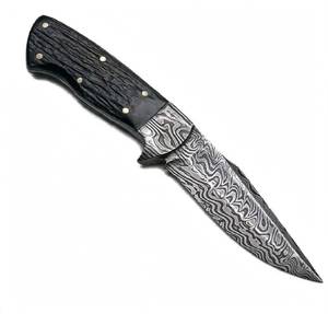 Cuchillo de Hoja Fija de Acero de Damasco Hecho a Mano con Mango de Cuerno de Ciervo Negro, Herramienta para Exteriores y Uso General - Product Image 5