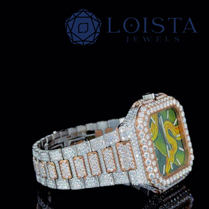 Reloj de pulsera cuadrado de lujo Loista Jewel con detalles en verde, diseño artístico de serpiente amarilla y brazalete de diamantes para hombre - Product Image 2