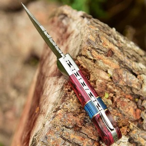 Cuchillo Plegable Artesanal DIY de Acero de Damasco con Punta Recta, Mango de Resina y Madera, Funda de Cuero - Personalizable OEM - Product Image 3