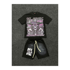 ชุดเซ็ตเสื้อกล้ามและกางเกงขาสั้นผู้ชาย 2 ชิ้น ลายพิมพ์สกรีน ทรงดิสเทรส ขอบดิบ ผ้าฟอกกรด น้ำหนัก 270 GSM - Product Image 1