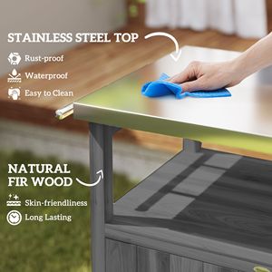 Carrello da Cucina per Esterni in Legno Massello Grigio Scuro con Piano in Acciaio Inox e Ruote, Foro Integrato per Grigliate all'Aperto - Product Image 4