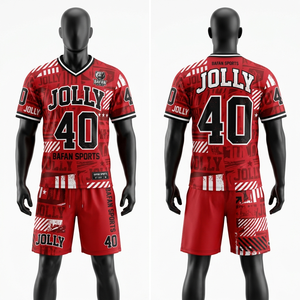 Ensemble maillot et short de football en polyester premium 160 GSM, design graphique rouge, logo personnalisé par sublimation, pour homme. - Product Image 1