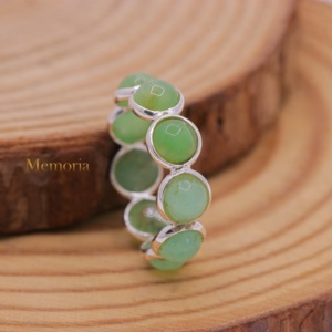 Anillo de Plata de Ley 925 al por Mayor con Cabujón de Calcedonia Verde Natural, Biseles de Eternidad, Hecho a Mano, Estilo Vintage, Joyas Memoria - Product Image 1