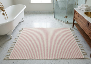 Tapis de salle de bain en coton rayé, rectangulaire, tissage plat, style bohème, antidérapant, lavable - Product Image 1