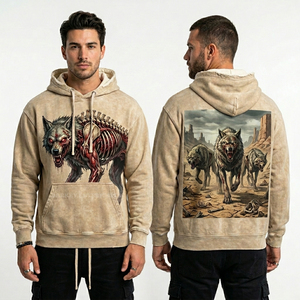 Sweat à capuche beige délavé pour homme, imprimé graphique squelette loup, coupe oversize, streetwear, vente en gros d'habillement personnalisé en usine - Product Image 1