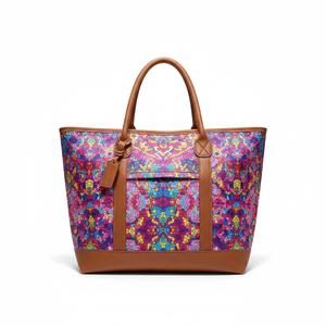 Bolsa de Lona con Estampado Floral Caleidoscópico y Ribete de Cuero Color Bronceado - Product Image 6