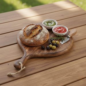 Nouveau produit : Planche à charcuterie ronde en bois d'acacia durable avec poignée, épaisseur 1,5 cm, et ensemble de couteaux - Product Image 6