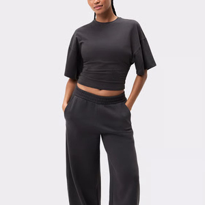 Haut court d'été pour femme, couleur unie, à carreaux, col rond, manches courtes, épaules tombantes, tricoté, coupe classique, décontracté, écologique - Product Image 2