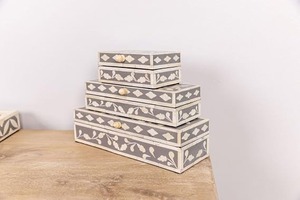 Rectangular Bone Inlay <b>Storage</b> Boxes Set Floral Inlay Design Oriental Style Jewelry Box Decorative Keepsake Organizer Bedroom - Product Image 2