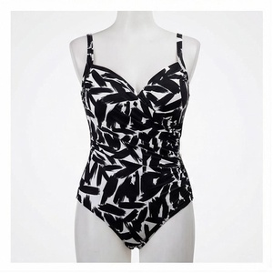 Women's One Piece Swimsuit Black White Plant Print Plunge Neck Ruched High Waist Stretch Swimwear - Product Image 1