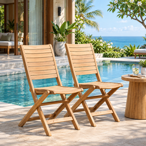 Chaise pliante d'extérieur en teck massif avec assise et dossier à lattes, mobilier de patio pour piscine, villa, hôtel-resort - Product Image 1