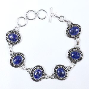Pulsera de Eslabones con Cierre de Palanca y Piedra Ovalada de Lapislázuli Chapada en Plata de Ley, Estilo Vintage de Alta Calidad, Joyería Étnica Bohemia - Product Image 1