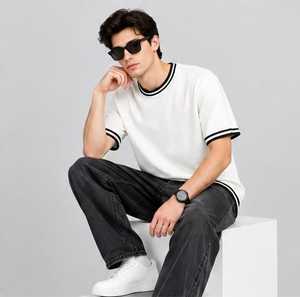 Men's <b>White</b> Short Sleeve T-Shirt Regular Fit O-Neck Contrast Trim Casual Cotton Jersey <b>Top</b> Solid Color Knitted Fabric - Product Image 6