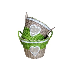 Panier en rotin à motif cœur charmant, vert et gris, tissé à la main, bacs de rangement décoratifs mignons pour la décoration intérieure - Product Image 1