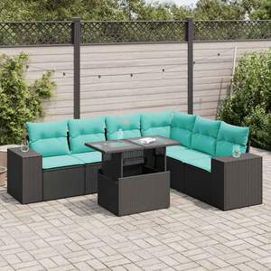 Juego de sofás de patio de 7 piezas de ratán sintético negro con cojines para uso en jardín - Product Image 1