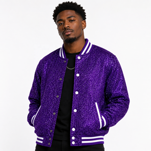 Cosh International OEM ODM Custom Winter Thin Stand Collar Varsity Jacket of <b>Glitter</b> <b>Purple</b> With White Trim Color Unisex - Product Image 2
