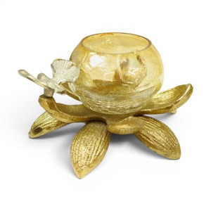 Porte-bougie en aluminium artisanal en forme de lotus avec bougie votive en verre |   Porte-bougie décoratif pour théière |   Décoration élégante pour la maison et les fêtes - Product Image 1