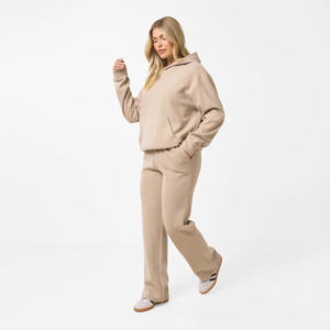 Conjunto de chándal casual de 2 piezas para mujer, color piel, lavado ácido, talla grande, precio mayorista, OEM, pantalones anchos abiertos - Product Image 6