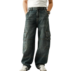 Jean cargo en coton pour homme, coupe droite, denim délavé foncé, taille mi-haute, fermeture éclair avant, bouton, cinq poches - Product Image 1