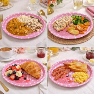 Ensemble de 2 plateaux de service Flamingo Polka, écologiques, durables, non toxiques, en tôle de qualité alimentaire, assiettes roses pour enfants, pour les fêtes - Product Image 4