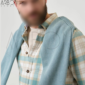 Nueva Llegada, Camisas de Franela a Cuadros Verde Menta y Beige, Totalmente Personalizadas, con Bolsillo en el Pecho y Botones, Precio al por Mayor - Product Image 4