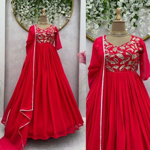 ด้าย georgette ที่น่าสนใจกับชุดทำงานที่มีสีแดง dupatta - Product Image 5