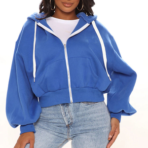 Sudadera con Capucha Azul para Mujer, con Cierre, Manga Larga, Corte Holgado Informal, Color Sólido, Algodón de Peso Medio, para Otoño, con Bolsillos Laterales - Product Image 3