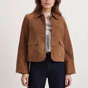 เสื้อแจ็คเก็ตหนังกลับสไตล์วินเทจสำหรับผู้หญิงแฟชั่นฤดูใบไม้ร่วง  ปกคอพับ แขนยาว - Product Image 1