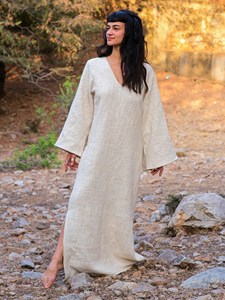 Handcrafted Off-White Pure Linen Kaftan <b>Maxi</b> Dress with Deep V-Neck and Flowing Bell Sleeves for Women - Product Image 3