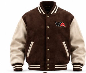 Men's Brown <b>Suede</b> Body Cream Leather Sleeves Varsity <b>Jacket</b> With Embroidered Logos Casual Winter Wear Stand Collar OEM - Product Image 1