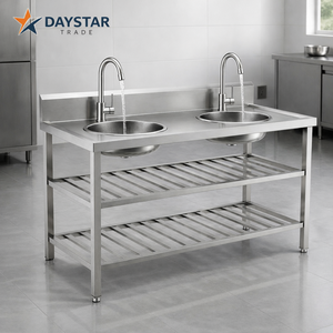 Évier de cuisine rectangulaire double cuve en acier inoxydable Daystar Trade Commercial avec support de robinet, finition brossée artisanale, moderne, quatre pièces - Product Image 1