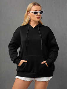 Sudadera con Capucha Gráfica de Invierno para Mujer, Sudadera de Forro Polar Negra con Estampado de Texto en la Espalda, Casual, Ecológica, de Secado Rápido y Corte Holgado - Product Image 5