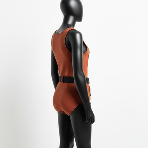 ชุดอาบน้ำผ้าโพลีเอสเตอร์ผสมสแปนเด็กซ์เนื้อนุ่มยืดหยุ่น 220 GSM สีส้มสนิม พร้อมแผ่นผ้าคาดเอว  รับสกรีนโลโก้สำหรับชุดว่ายน้ำผู้หญิง - Product Image 3