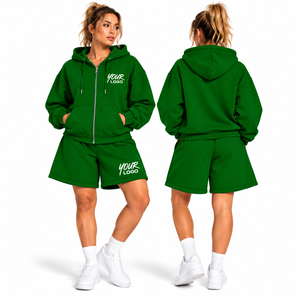 Ensemble décontracté 2 pièces pour femme : sweat à capuche court et short, 100 % coton, personnalisable avec logo, fermeture éclair, coupe oversize – Nouvelle collection en gros - Product Image 1