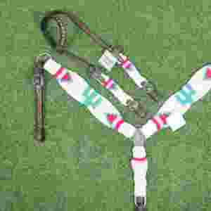 ชุดบังเหียนและสายรัดอกทำจากขนโมแฮร์สีเขียวลายกระบองเพชร พร้อมหนังอาร์เจนตินา ขนาดรอบอก 32 นิ้ว - Product Image 3