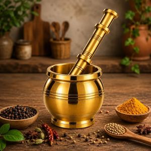 Ensemble mortier et pilon en cuivre pur sculpté à la main, moulin à épices traditionnel pour herbes, fruits secs, usage ayurvédique en cuisine - Product Image 1